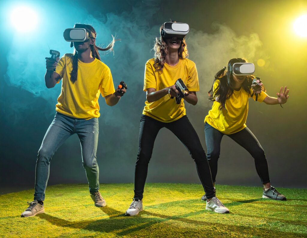 AI genereret billede af tre personer der spiller VR battle